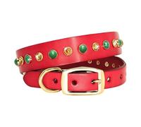 Diamond Rhinestone Puppy Cat Collar Genuine Leather Pet Collar(Red 2,XS)