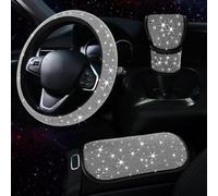 Diamond Rhinestone Steering Wheel Cover Set Including Gear Shift Knob and Armrest Pad for Enhanced Driving Control and Vehicle Interior Style (White)