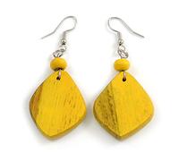 Diamond Shape Antique Yellow Painted Wood Drop Earrings - 60mm L