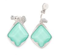 Diamond Shaped Pale Green Acrylic Bead, Crystal Drop Clip On Earrings In Silver Tone - 40mm L