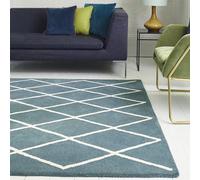 Diamond Teal Wool Chequered Geometric Luxurious Modern Handmade Rug For Living Room And Bedroom-80Cm X 150Cm