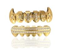 Diamond Teeth Grillz for Men Women, Hip Hop Silver Gold Grills for your teeth Top and Bottom, Rapper Costume Mouth Grillz with Silicone Molding Bars, One Size, brass, No Gemstone