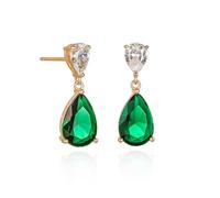 Diamond Treats 925 Sterling Silver Earrings - Gold Plated, Emerald Green Teardrop Drop Earrings with Green Cubic Zirconia Stones