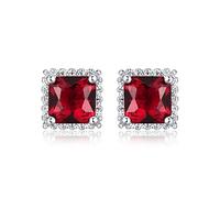 Diamond Treats 925 STERLING SILVER Earrings with Simulated Sparkling Square Red Ruby & FLAWLESS Sparkling White Cubic Zirconia. The Silver Ruby Halo Earrings are a Lovely Gift for Her.