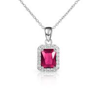 Diamond Treats 925 Sterling Silver Red Pendant Necklace with a Ruby Red Stone and Small Cubic Zirconia Stones, Emerald Cut Pendant Necklace in 925 Silver, Elegant Red Necklace for Women