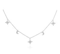 Diamond Treats Dainty Moon and Star Charm Necklace in 925 Sterling Silver with Sparkling Cubic Zirconia Stones, Sterling Silver Necklace for Women and Teen Girls, Moon and Star Necklace in 925 Silver