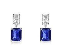 Diamond Treats Large 925 Sterling Silver Statement Drop Earrings with Sapphire Blue and White Cubic Zirconia Stones, Double Rectangle Blue Dangle Earrings for Women
