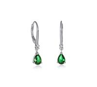 Diamond Treats Small 925 Sterling Silver Green Drop Earrings with Pear Shaped Emerald Green Cubic Zirconia Stones, Dainty Silver Dangle Earrings for Women with Leverback
