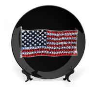 Diamond U.S. Flag Printed Bone China Decorative Plate Ceramic Decorative Plate with Display Stand for Home Wall Decor