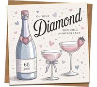 Diamond Wedding Anniversary Card - 60th Anniversary Greeting for Couple, Champagne Design, 145mm x 145mm Square, Includes Kraft Envelope