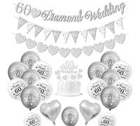 Diamond Wedding Decorations, 60th Wedding Anniversary Decorations Happy 60th Anniversary Balloons Silver White Balloons Heart Balloon Banner Cake Topper