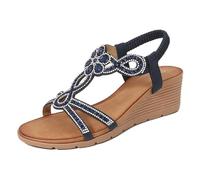 Diamond Wedge Sandals Dressy Women UK Size 3.5 Comfort Rhinestone Summer Beach Sandals Slip-On T-Bar Diamond Glitter Bohemian Wedges Walking Sandal with Elastica Back Strap Gifts Footwear Navy