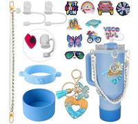 DiamondArtZone Cup Accessories Set for Stanley 30oz&40oz Tumbler, Water Bottle Drop-Proof Strap Lanyard, Stanley Bow Straw Cover Topper Boot Charms, Gift for Women Mom Girl (Blue, 30oz&40oz)