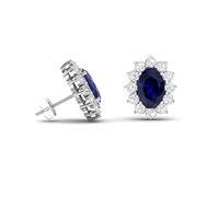 Diamondere Natural and Certified Oval Blue Sapphire and Diamond Halo Petite Earrings in 9ct White Gold | 0.70 Carat Earrings for Women