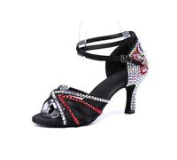 Diamonds Dance Shoes Women 8CM High Heels Satin Latin Girls Show Pumps Rhinestones Jazz Waltz Sandals(Black A,38)
