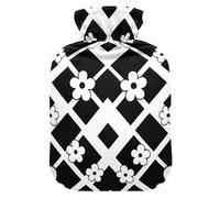 Diamonds Shapes White Flowers Water Bottle for hot Water with Soft Cover, 2L hot Water Bags for Pain Relief