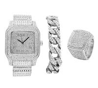 Diamonds Shining Everywhere with This 3pc Iced Jewelry Mens Hip Hop Set Oversize Square Case with Roman Numberal Dial Iced Cuban Bracelet and Iced Ring Fit for a King - 0513Silver 3pcs (8)