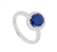 Diamonfire Oval Blue Sapphire Zirconia Pave Surround Ring - Contemporary - Size O - 17.5 - Sterling Silver / Zirconia / Rhodium Plated