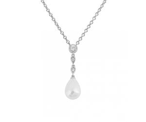 Diamonfire Sterling Silver Shell Pearl & CZ 0.13ct Drop Necklace 43cm-45cm