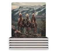 Dian Warrior Native American Feathered Chief Ceramic Coasters Square Drinks Coaster Decorative Coasters Set Kitchen Desktop Decor 6PCS