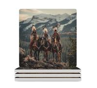 Dian Warrior Native American Feathered Chief Ceramic Coasters Square Drinks Coaster Decorative Coasters Set Kitchen Desktop Decor 4PCS