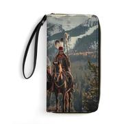 Dian Warrior Native American Feathered Chief Long Wallet PU Leather Credit Card Holder Money Clip Purse with Hand Strap