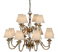 Diana Ceiling Pendant Chandelier Antique Brass & Beige Pleat Shade 12 Lamp Light