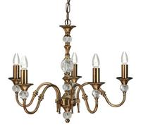 Diana Ceiling Pendant Chandelier Antique Brass & K9 Crystal Curved 5 Lamp Light