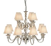 Diana Ceiling Pendant Chandelier Bright Nickel & Beige Pleat Shade 12 Lamp Light