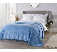 Diana Cowpe DOUBLE BED THROW BLUE | Geneva Design Candlewick Bedspread Single | 100% Cotton Candlewick Traditional Bedspread | Wave Pattern/Fringed Edge Bed Throw 244x260cm