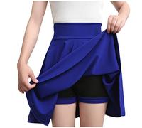 DianD Womens High Waisted A-Line Pleated Mini Skater Skirt Solid Color Casual Flared Ruffle Skorts Blue