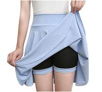 DianD Womens High Waisted A-Line Pleated Mini Skater Skirt Solid Color Casual Flared Ruffle Skorts Light Blue