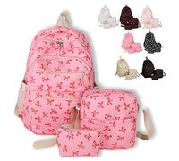 DianSCJ 3pcs Set Bow Backpack for Girls, Aesthetic Daypack Bow Rucksack, Cute Kawaii Backpacks Set Large Capacity, Travel, Rose Red, Medium