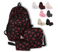 DianSCJ 3pcs Set Bow Backpack for Girls, Aesthetic Daypack Bow Rucksack, Cute Kawaii Backpacks Set Large Capacity, Travel, Red, M, Aesthetic