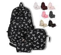 DianSCJ 3pcs Set Bow Backpack for Girls, Aesthetic Daypack Bow Rucksack, Cute Kawaii Backpacks Set Large Capacity, Travel, Black, M, Aesthetic