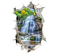 Dianzan 3d Broken Smashed Wall Sticker 3d Broken Wall Waterfalls Forests Scenery Wall Sticker Peel and Stick Mural Wall Decal for Bedroom