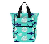 Diaper Bag Backpack for Moms Dads Tropical Shark Flower Hibiscus Blue Ocean