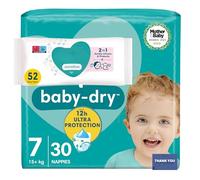 Diaper Bundle for Toddlers 15kg+ - Baby Nappies Size 7 (30 Count) + Baby Wipes (52 Count) - Ultra-Dry Protection & Fragrance-Free Gentle Cleansing