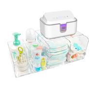 Diaper Caddy Acrylic, Baby Changing Table Organizer, Dresser Tabletop Organizer with 4 Detachable Compartments, Storage for Wipe Dispenser, Anti-slip Rubber Feet, Newborn Baby Essentials, Transparent