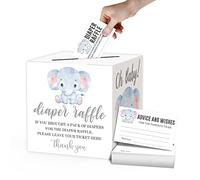 Diaper Raffle Tickets and Advice Cards for Baby Shower - 1 Card Collection Box & 50 Tickets, Elephant Baby Shower Card Box, Party FavorsDecorationsSupplies, Game Kit, 8" Card Box -001BOX