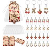 Diartpaint Cheetah and Cherry Keychain Set 24set Leopard Cherry Party Favor Acrylic Keychains with Thank You Tag Organza Bag Sweet Cherries Party Return Gift for Wild Leopard Birthday Bach Parties