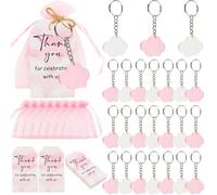 Diartpaint Cloud Theme Party Favor Blue Sky White Clouds Keychain Bulk 24sets Pink Hot Air Balloon Keychain with Thank You Tag Organza Bag for Girl Airplane Party Return Gift for Birthday Baby Shower