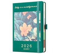 Diary 2026 Day to Page A5,Organsier Daily Planner from Jan 2026-Dec 2026,Schedule Diary Monthly View with Pen Holder,Coloured Side Tabs,Inner Packet (Green, A5)