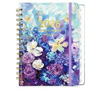 Diary Week to View A5, 2026 Diaries, Weekly & Monthly Full Year Planner, Monthly Tabs,Twin-Wire Binding, Hard Cover, Elastic Closure, Flower Coil Notebook A5 Strap Notebook, 21.5 x 15.5 x 1.8 cm