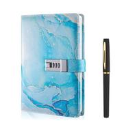 Diary with Lock, A5 PU Leather Journal with Lock, Marble Notebook with Lock, Secret Diary for Girls and Women, 120 Sheets Password Lock Notebook with Pen for Travel Diary Office Notepad, Light Blue