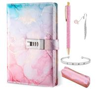 Diary with Lock for Girls, A5 Secret Diary for Girls Age 6-14, Birthday Gifts for Girls Teenager 7 8 9 10 11 12 13 Year Old, Leather Password Locked Journals with Pen Pencil Case (Pink)