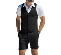 Diaryan 2-Piece Linen Suit for Men with Short Vests and Men's Vests - Casual Outfit for Summer, Beach, Groomsmen, Wedding, Black, L