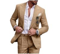 Diaryan Linen Men Suit Set Casual Tuxedo 2 Piece Regular Fit Blazer One Button Solid Jacket and Pants for Prom Wedding Party, Khaki, L