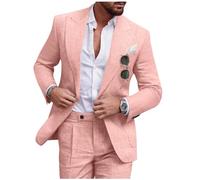 Diaryan Linen Men Suit Set Casual Tuxedo 2 Piece Regular Fit Blazer One Button Solid Jacket and Pants for Prom Wedding Party, Pink, 3XL