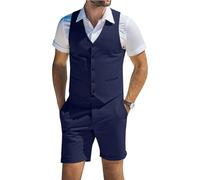Diaryan Men's Suit Linen 2 Piece Vests Short Pants Suits for Men Casual Summer Beach Groomsmen Wedding Waistcoat Set Outfit, Navy Blue, 3XL